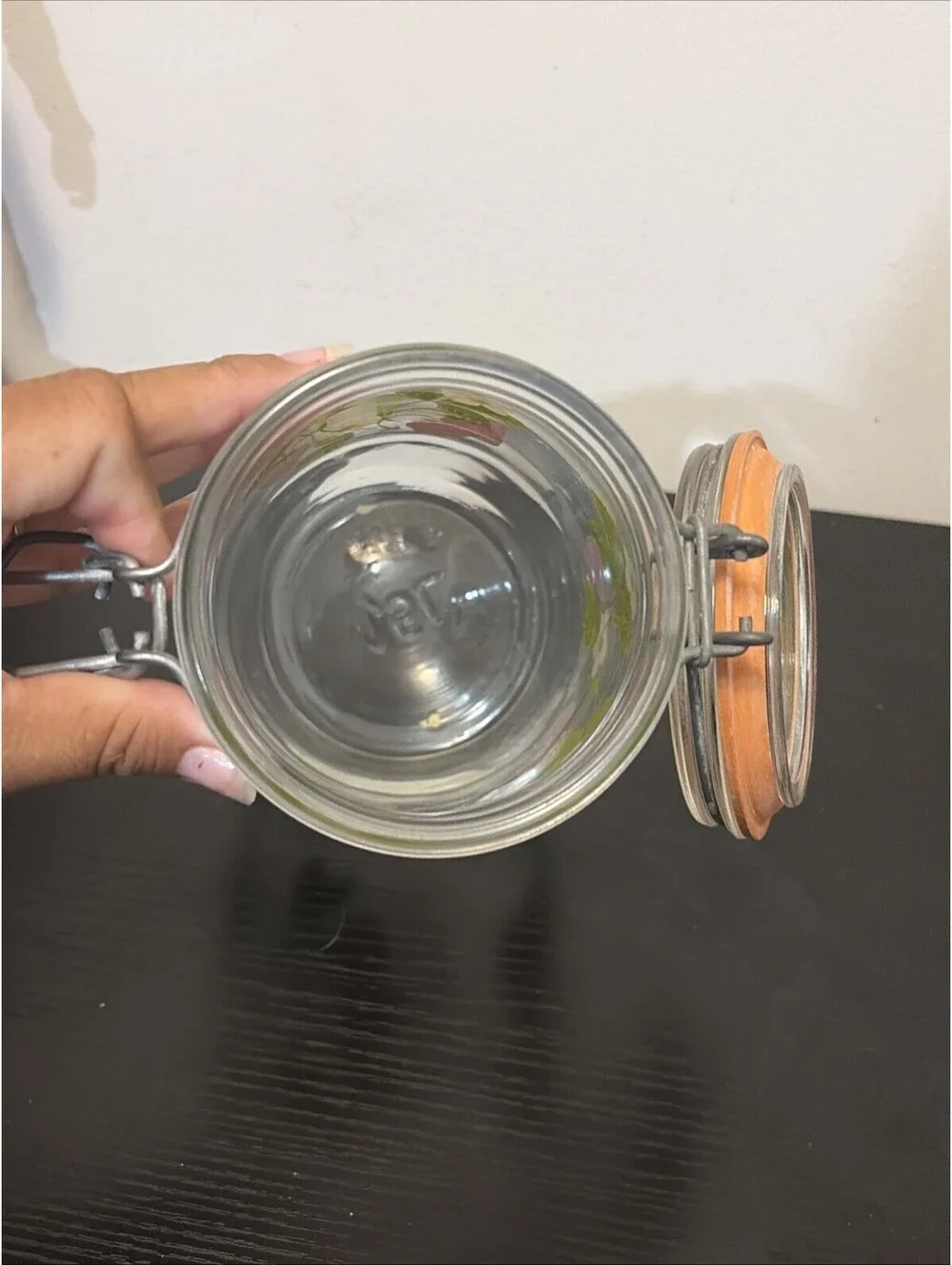 Vtg. ARC France Glass Canister Jar 1.5L with Wire Bale Lid & Strawberry Blossom